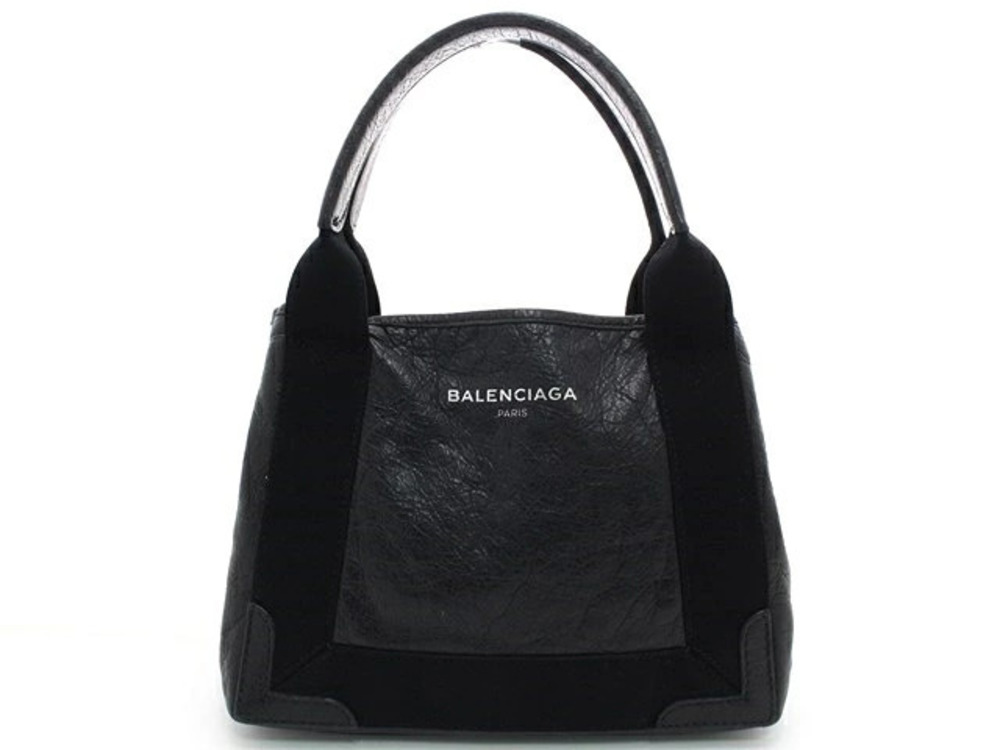 Balenciaga Navy Blue Cabas 2way Shoulder Bag Black Calfskin Canvas